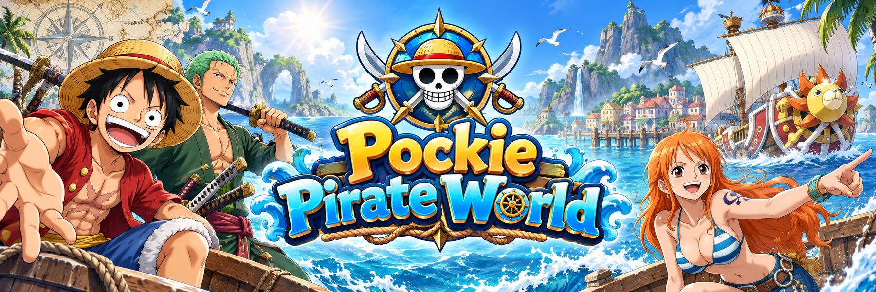 Pockie Pirate World: Luffy, Zoro and Nami sail toward a sunny island port aboard the Sunny.